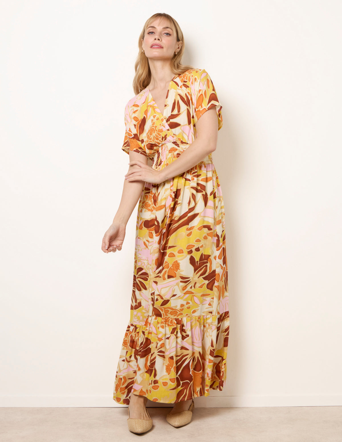 Tropical V Front Shirred Waist Maxi Dress - SM MULTI