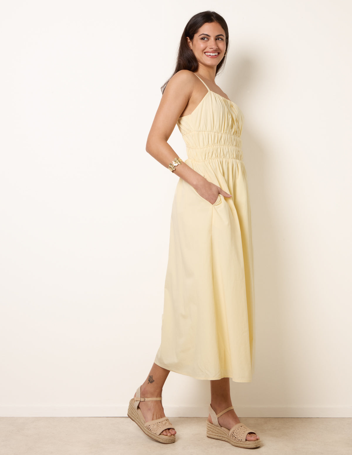 Ruched Binding Strappy Midi Dress - L YELLOW