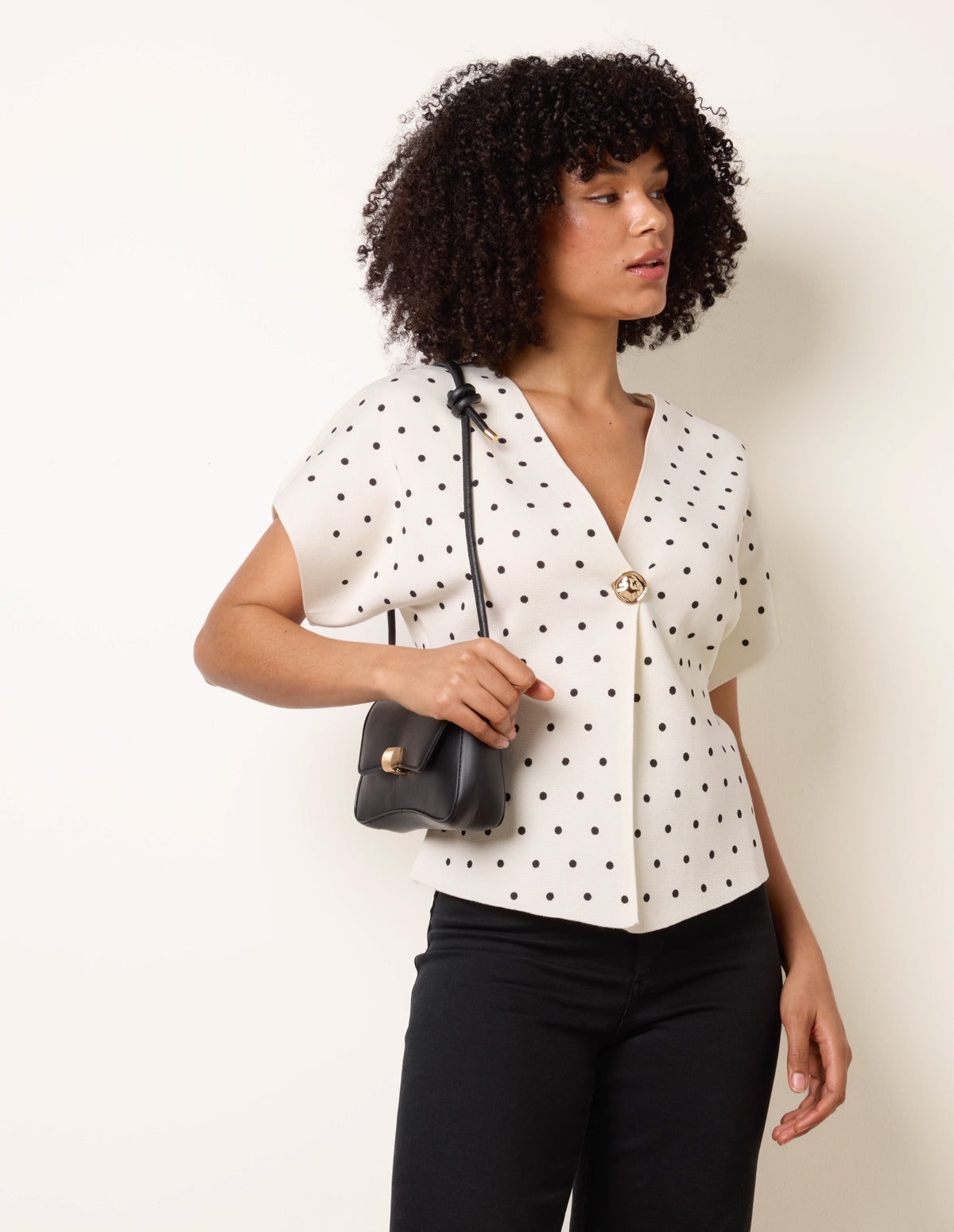 Polka Dot Short-Sleeve Knit Cardigan Top - SM IVORY