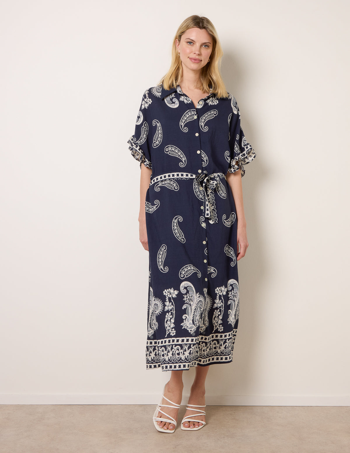 Paisley Print Belted Shirt Dress - SM NAVYIVORY