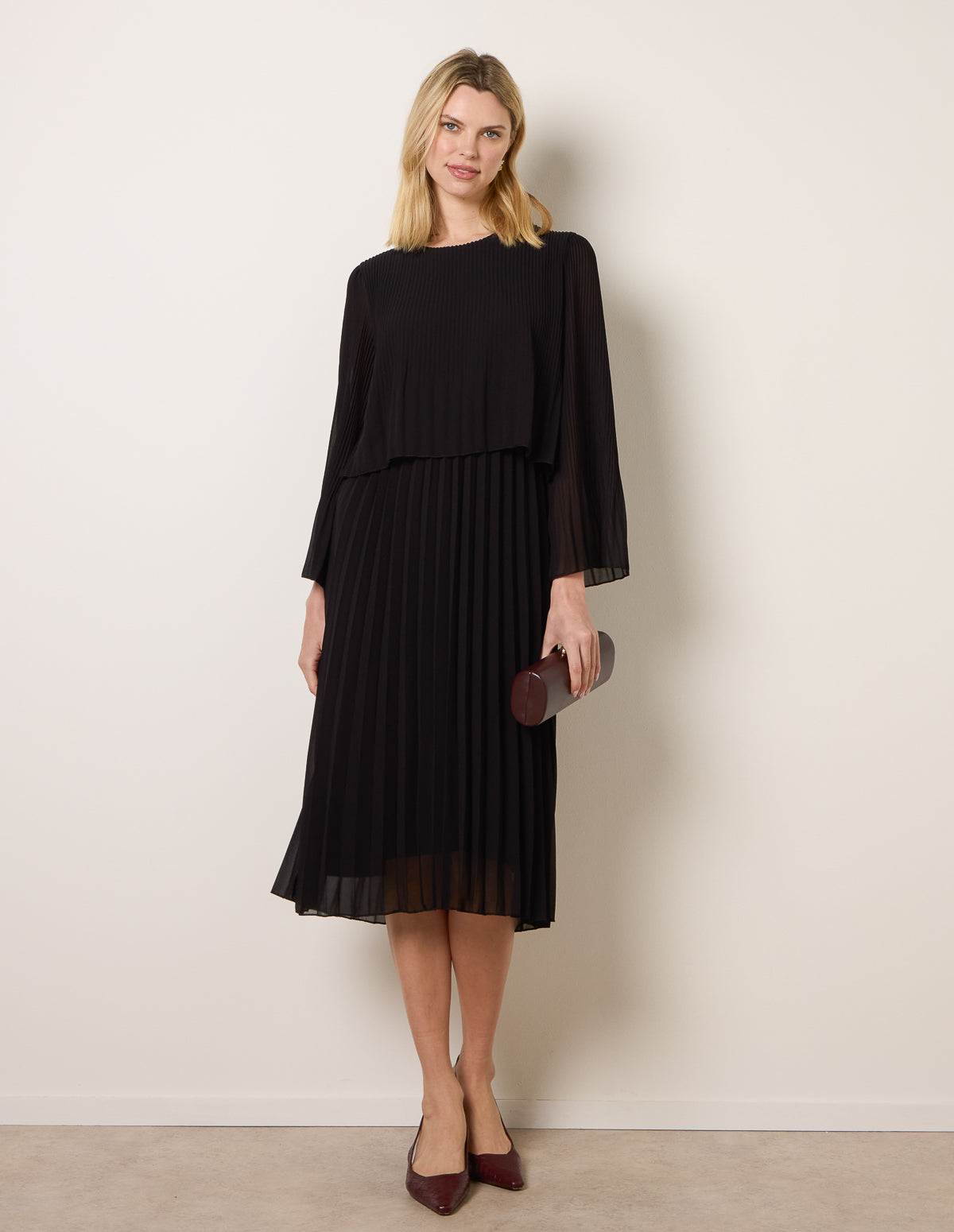 Chiffon Pleated Dress - ONE BLACK