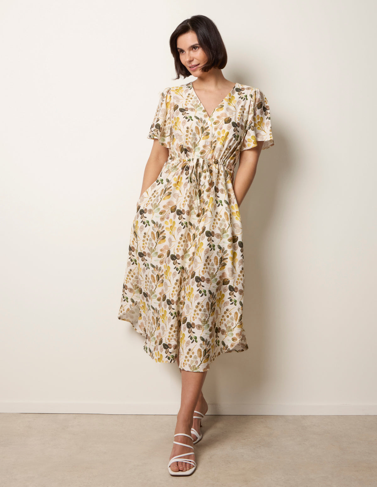 Leaf Print Tie Waist Shirt Midi Dress - SM IVORY YELLOW