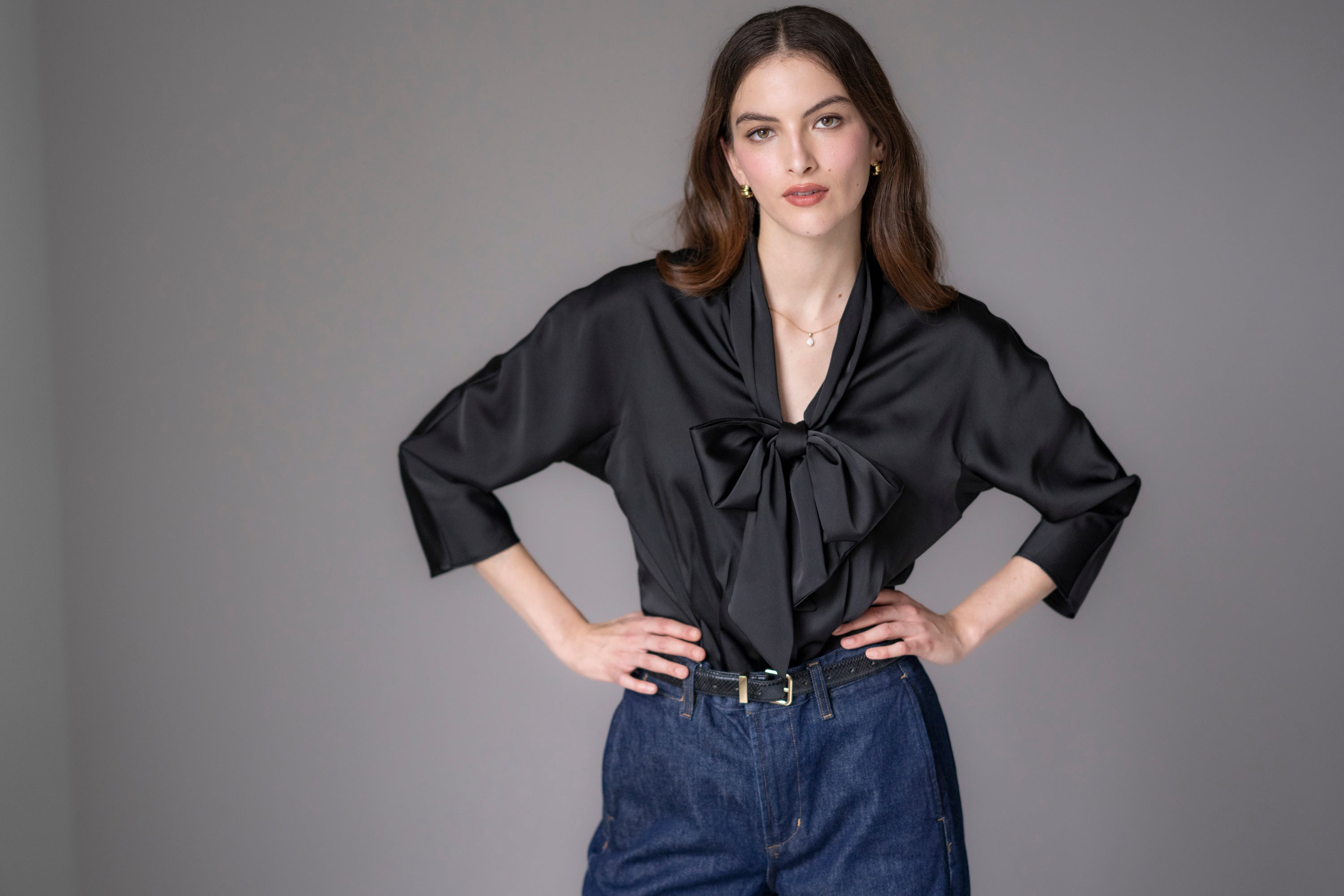 Celeste Tailored Fit Black Blouse With Bow In Satin Crepe