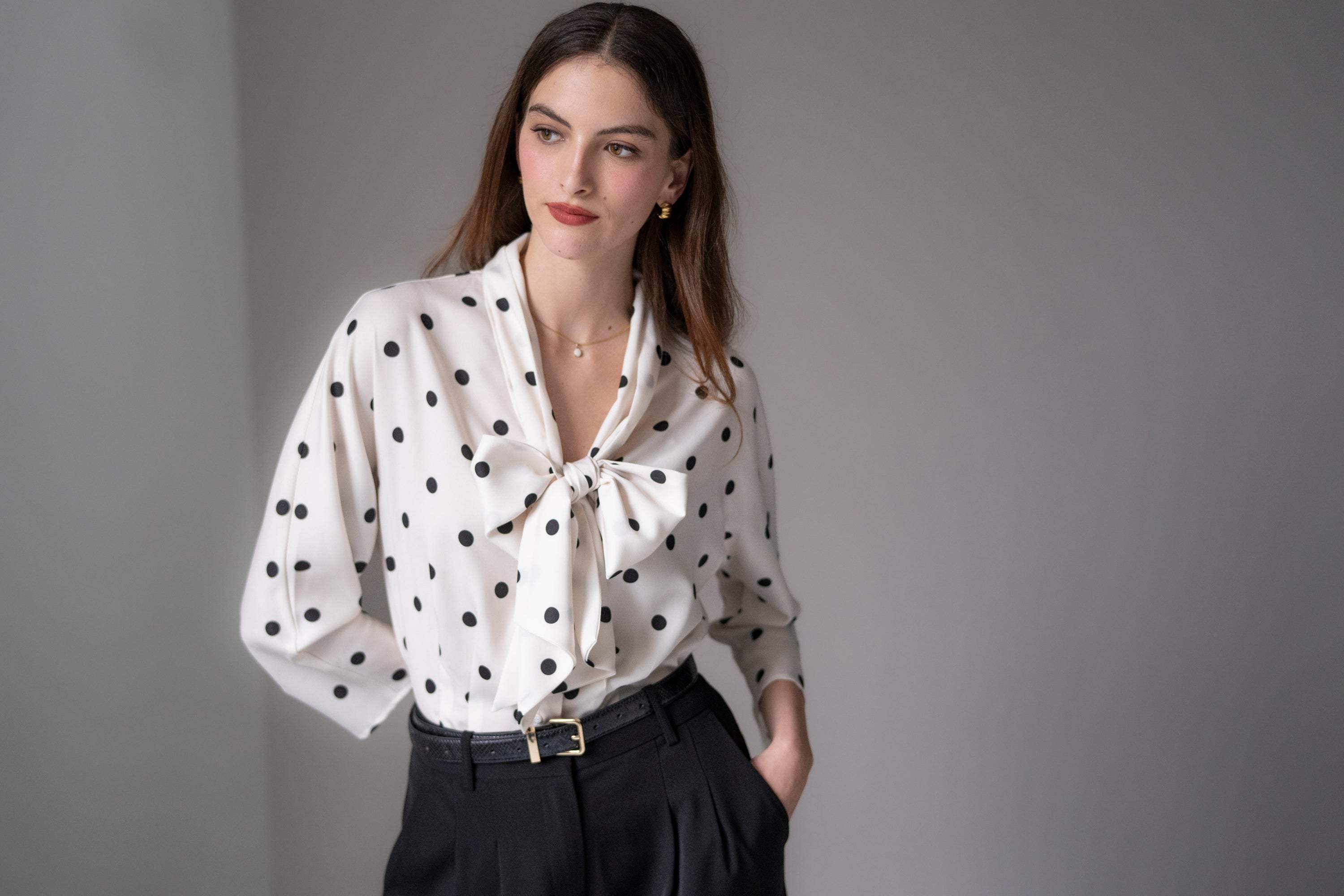 Celeste Tailored Fit Ivory & Black Polka Dot Blouse With Bow In Satin Crepe