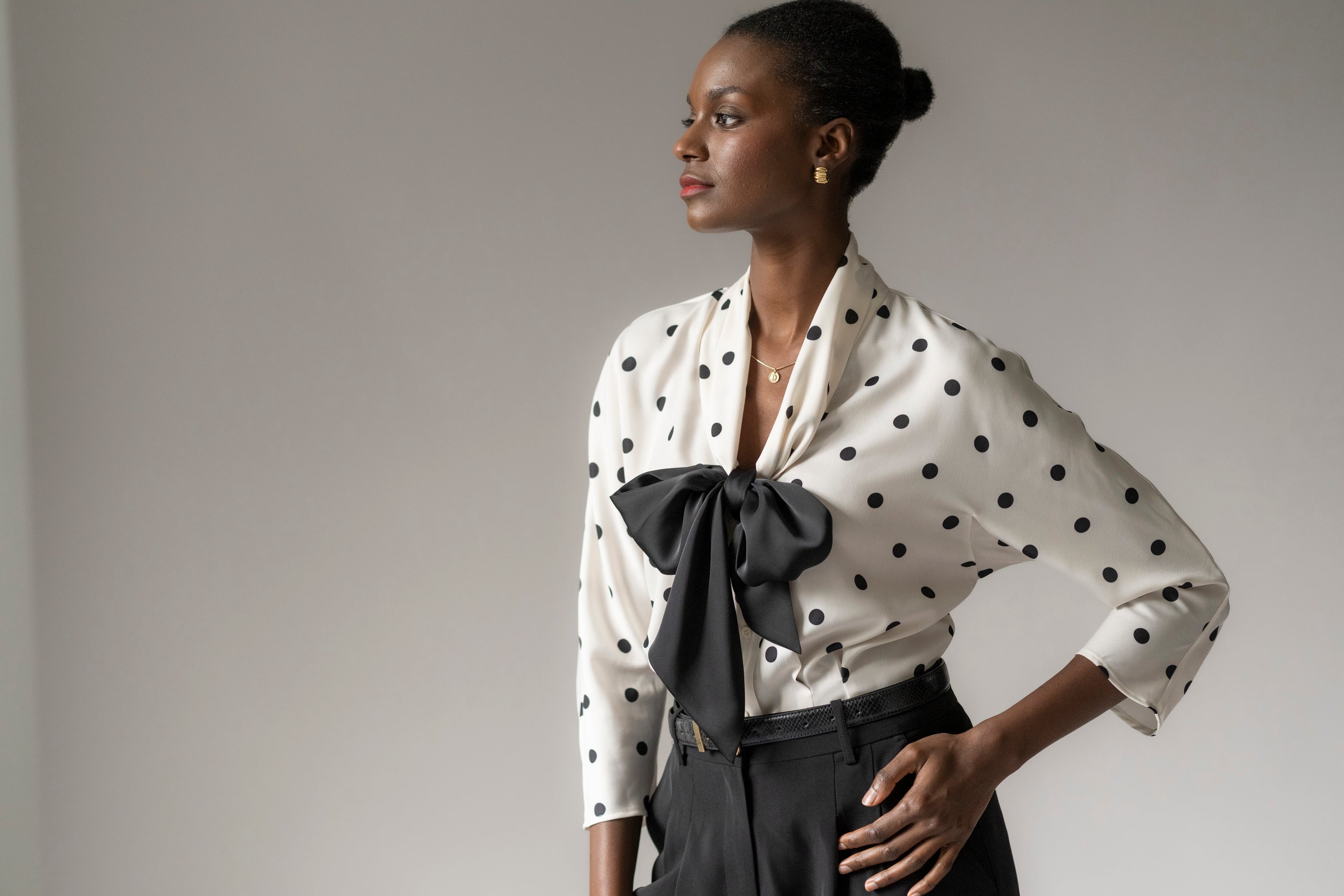 Celeste Tailored Fit Ivory & Black Polka Dot Blouse With Black Bow In Satin Crepe