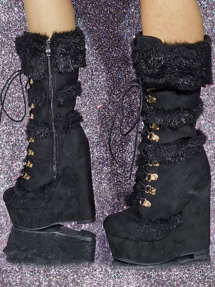 Plus Size Mid Calf Boots Micro Suede Upper Round Toe Wedge Heel Boots