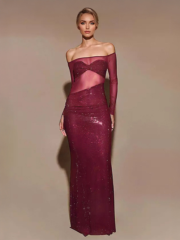 Sheer Bodycon Long Dress with Asymmetrical Cut Off-Shoulder Long Sleeve Sexy Club Dress For Women