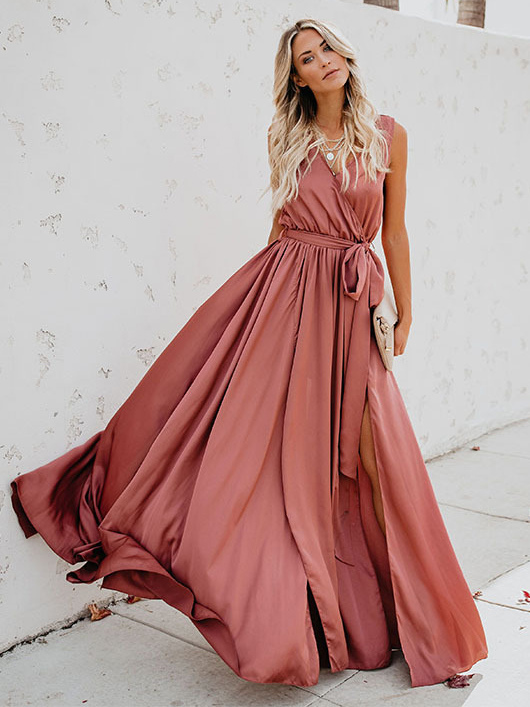 Maxi Dress Sleeveless Blush Pink V Neck Knotted Slit Long Dress