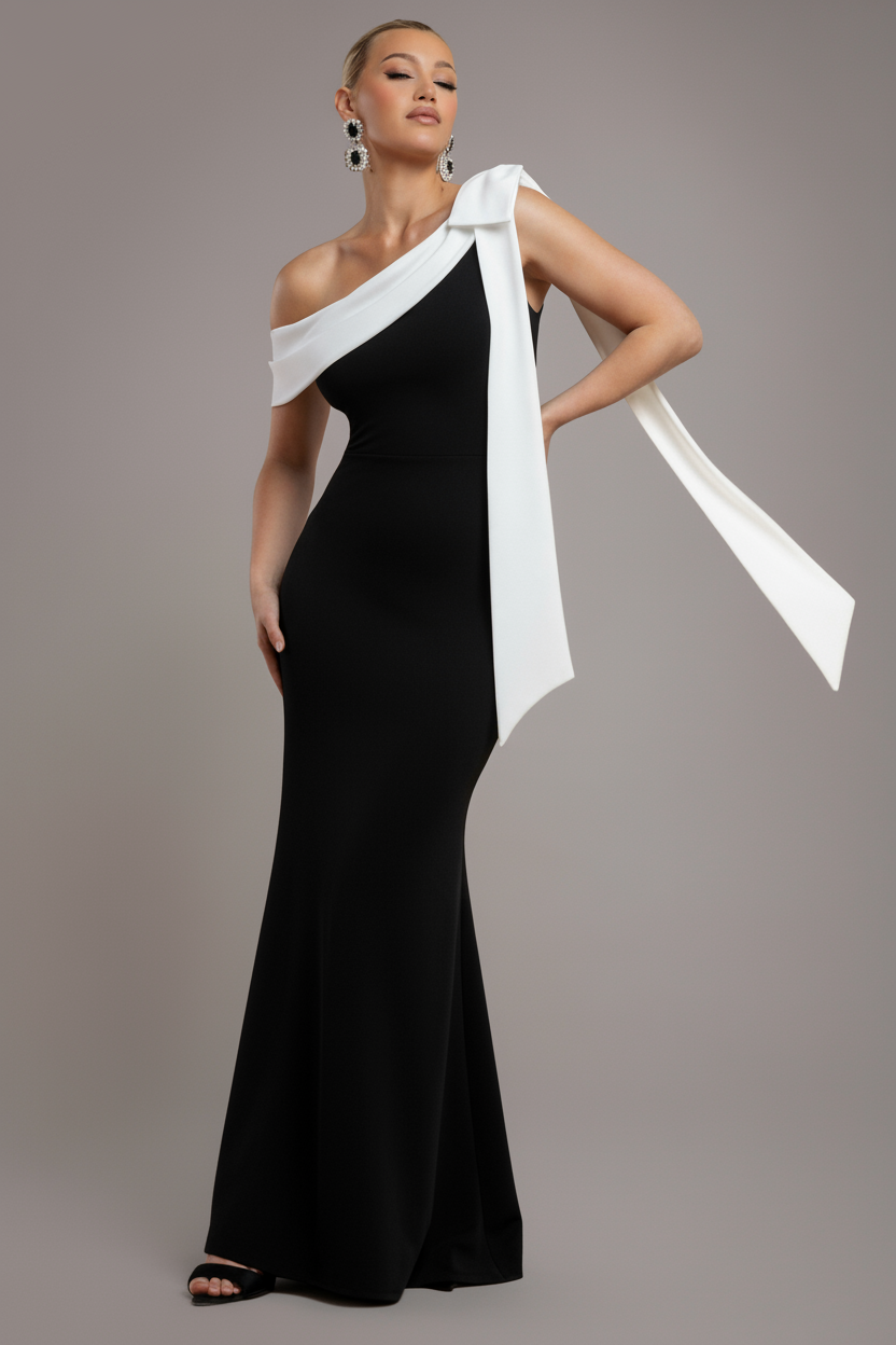 Goddiva One Shoulder Contrast Bow Maxi Dress