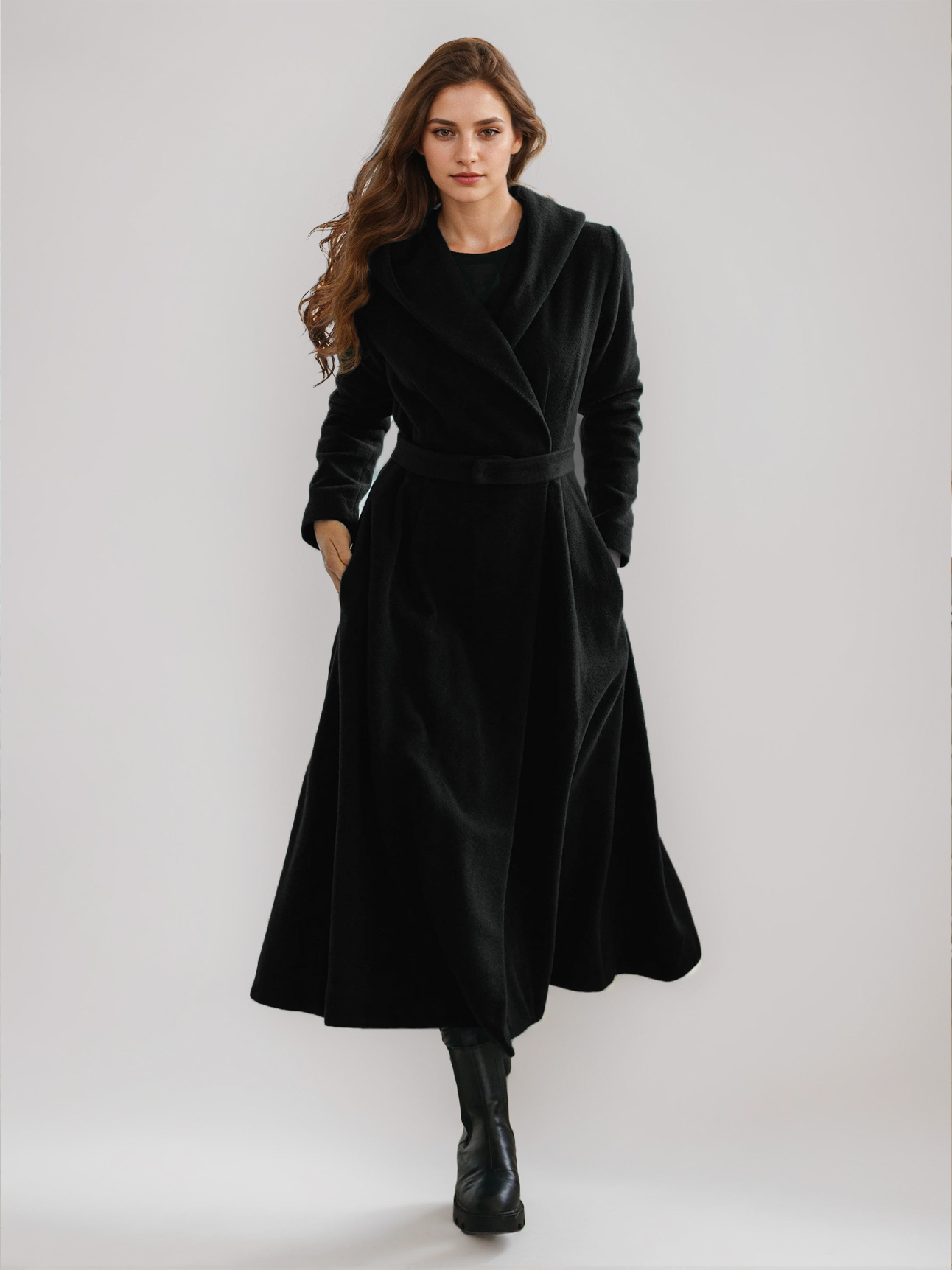 Woolen Flared Coat With Hood Vintage Belted A-line Winter Long Outerwear For Women