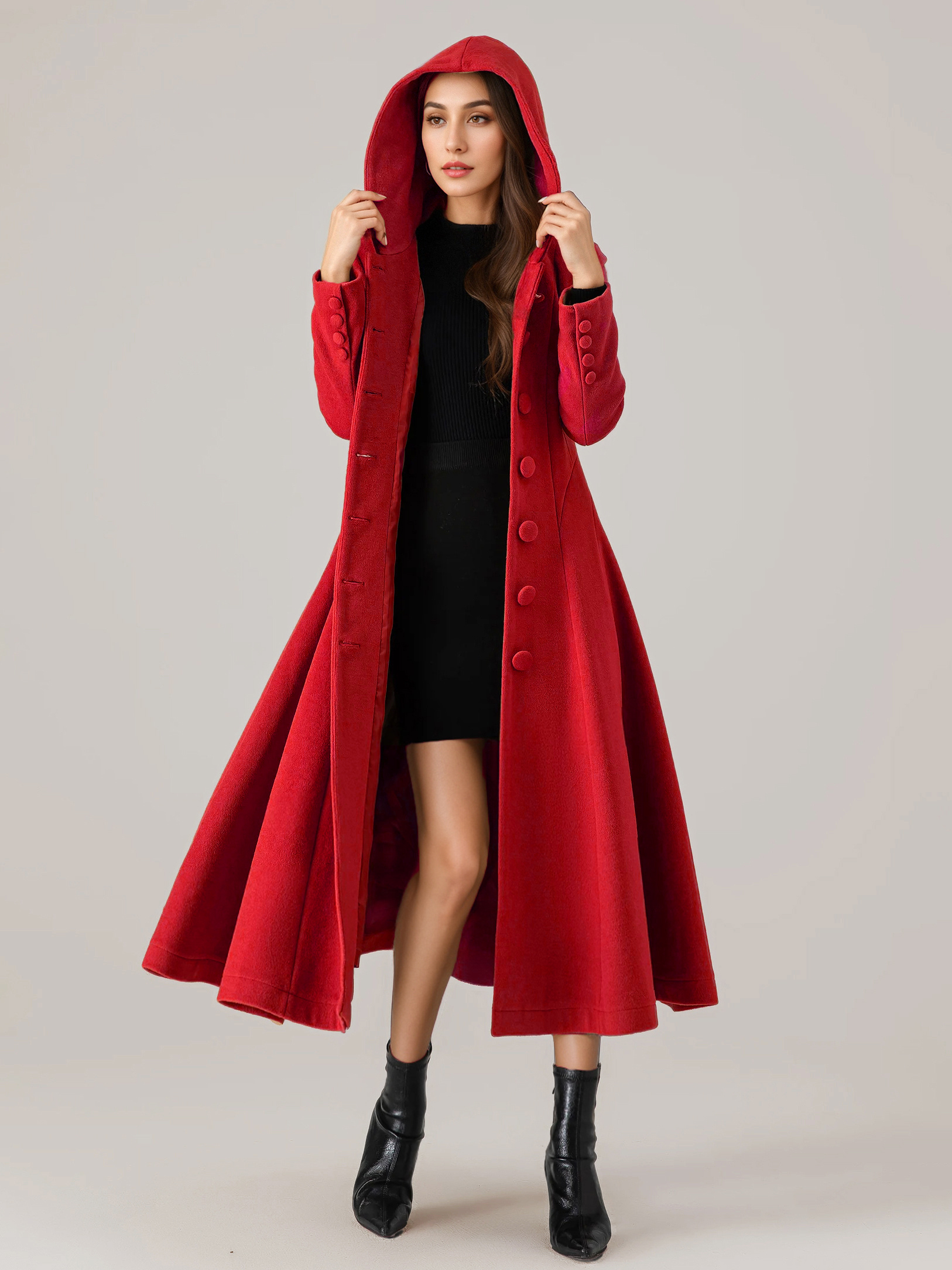 Woolen Flared Coat With Hood For Woman Red A-line Long Winter Outerwear