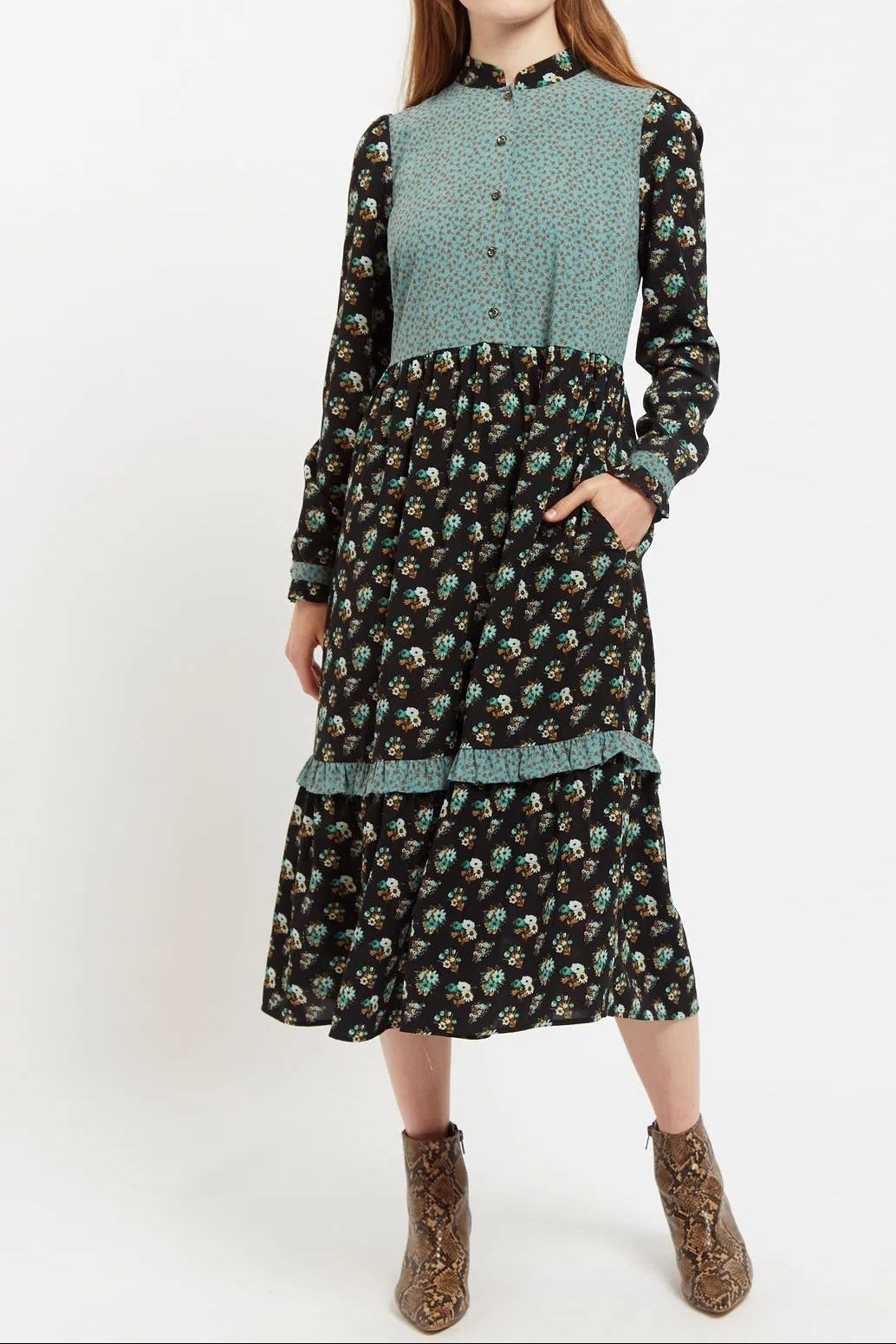 Louche Elsie Posy Patchwork Print Tiered Long Sleeve Midi Dress - BlackTeal