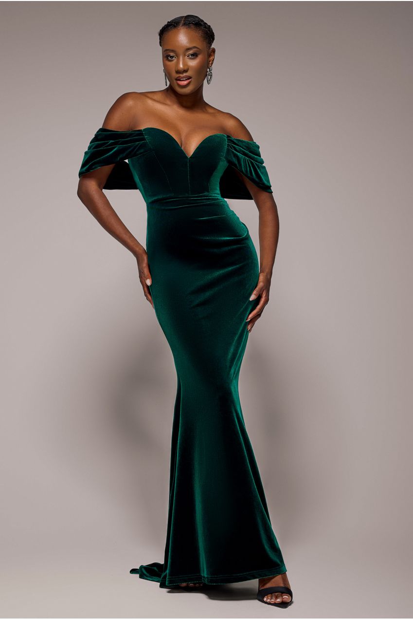 Goddiva Off The Shoulder Deep Plunge Velvet Maxi Dress