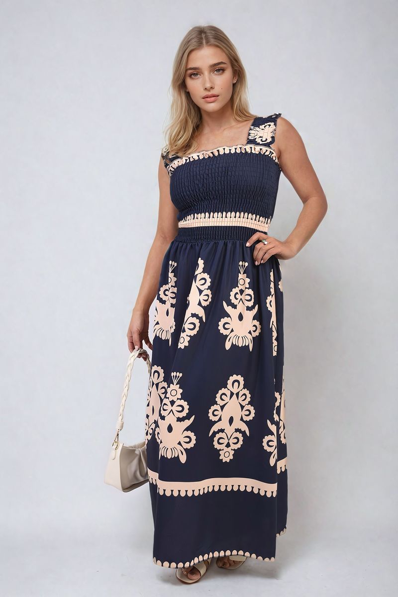 Smocked Sleeveless Flowy Tribal Print Summer Maxi Dress - Navy SM