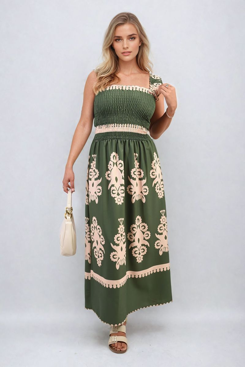 Smocked Sleeveless Flowy Tribal Print Summer Maxi Dress - Green SM