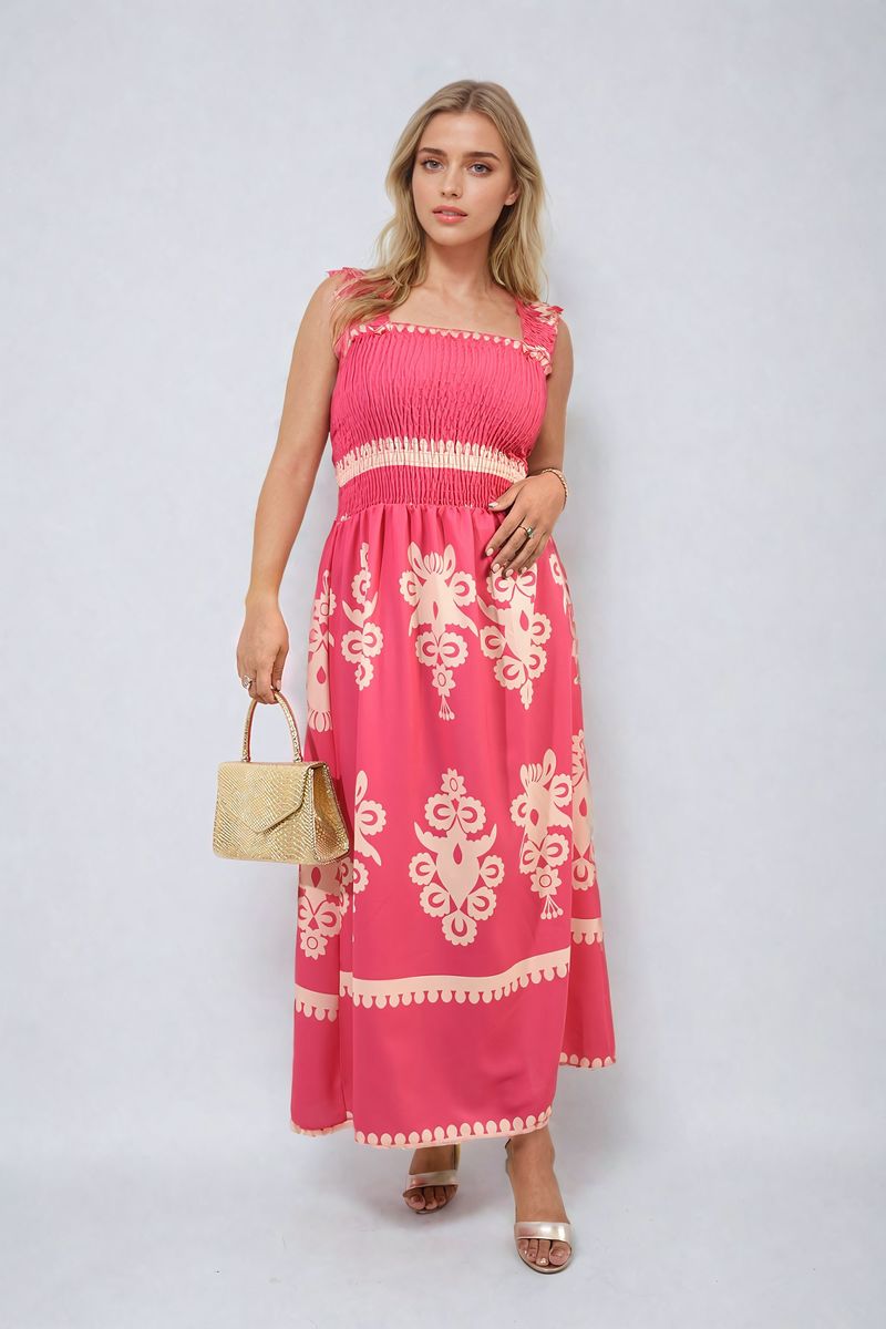 Smocked Sleeveless Flowy Tribal Print Summer Maxi Dress - Fuschia ML