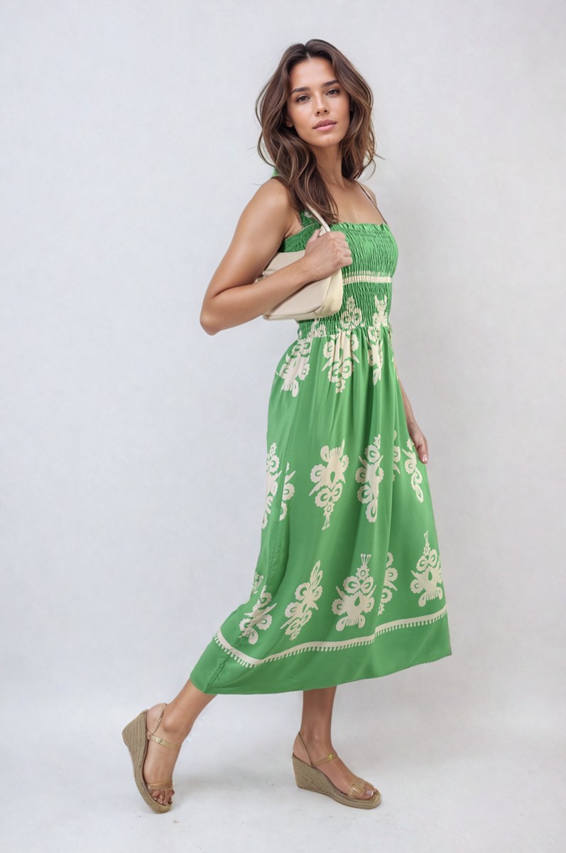 Smocked Sleeveless Flowy Tribal Print Summer Maxi Dress - Bright Green SM