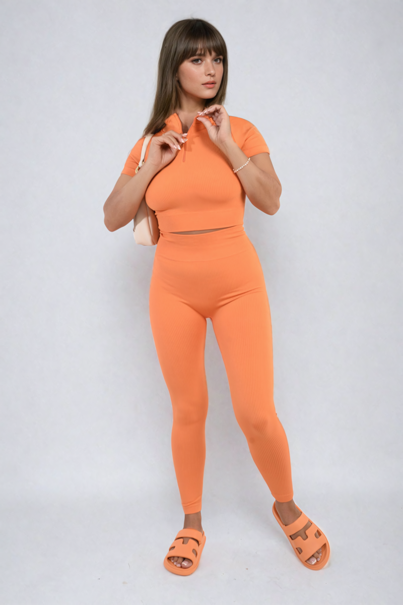 Ribbed Half Zip Crop Top and High Waist Leggings Co-ord Set - Orange SM