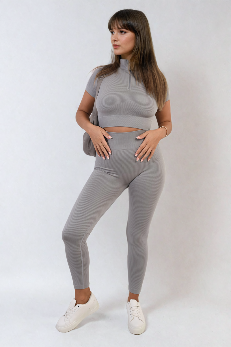 Ribbed Half Zip Crop Top and High Waist Leggings Co-ord Set - grey ML