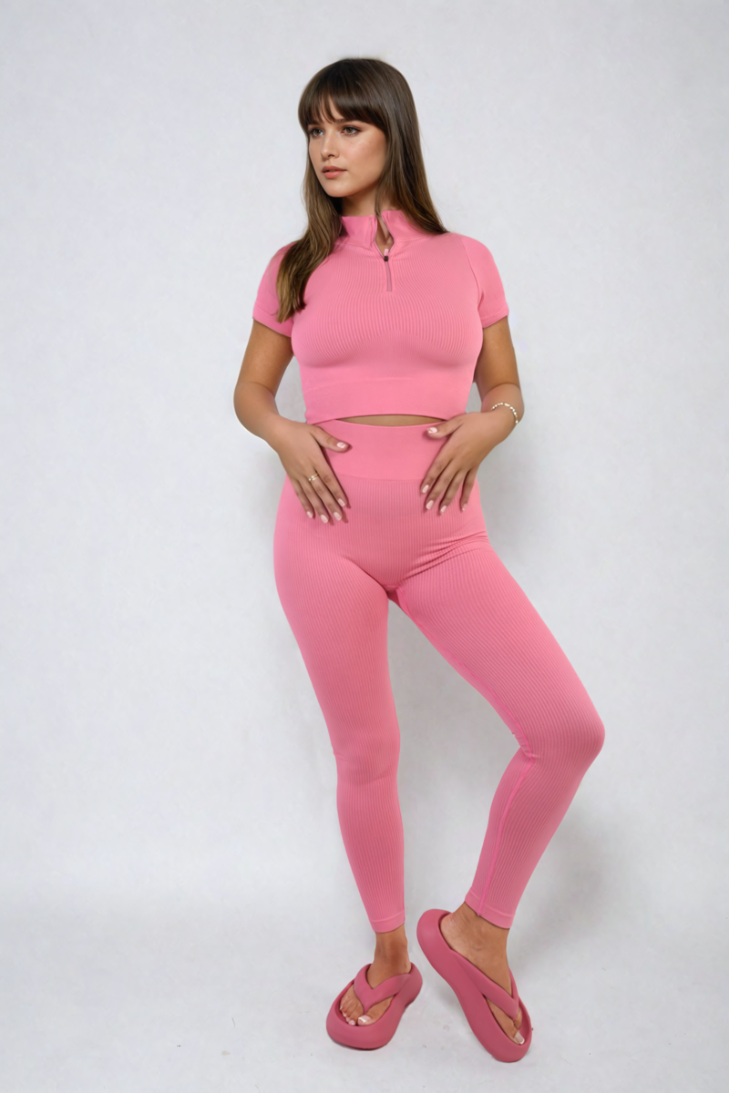 Ribbed Half Zip Crop Top and High Waist Leggings Co-ord Set - PInk ML