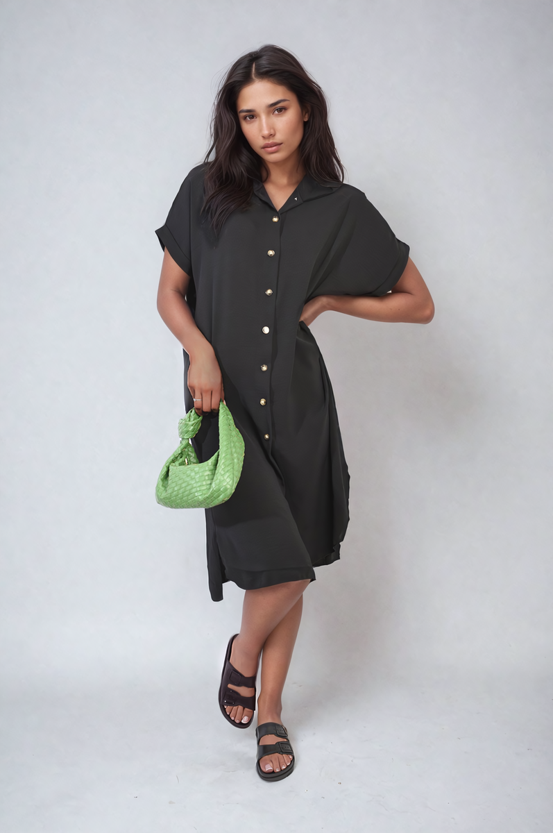 Button Front Shirt Dress - Black SM