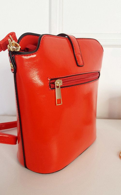 Faux Leather Crossbody Bag with Gold Detail and Adjustable Strap - Red SZE