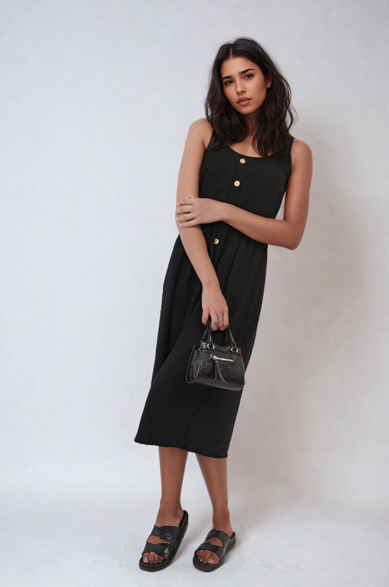 Button Front Strappy Midi Dress - Black ML