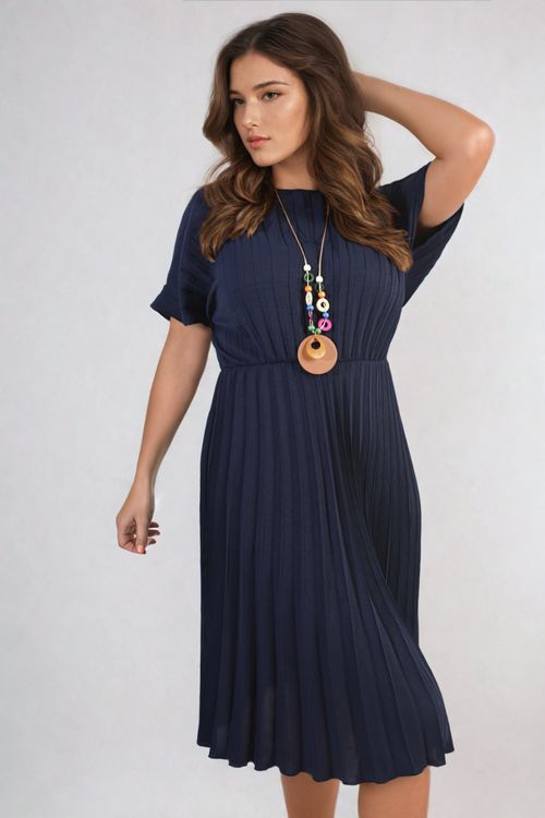 Short Sleeve Pleated Midi Dress - Navy ML