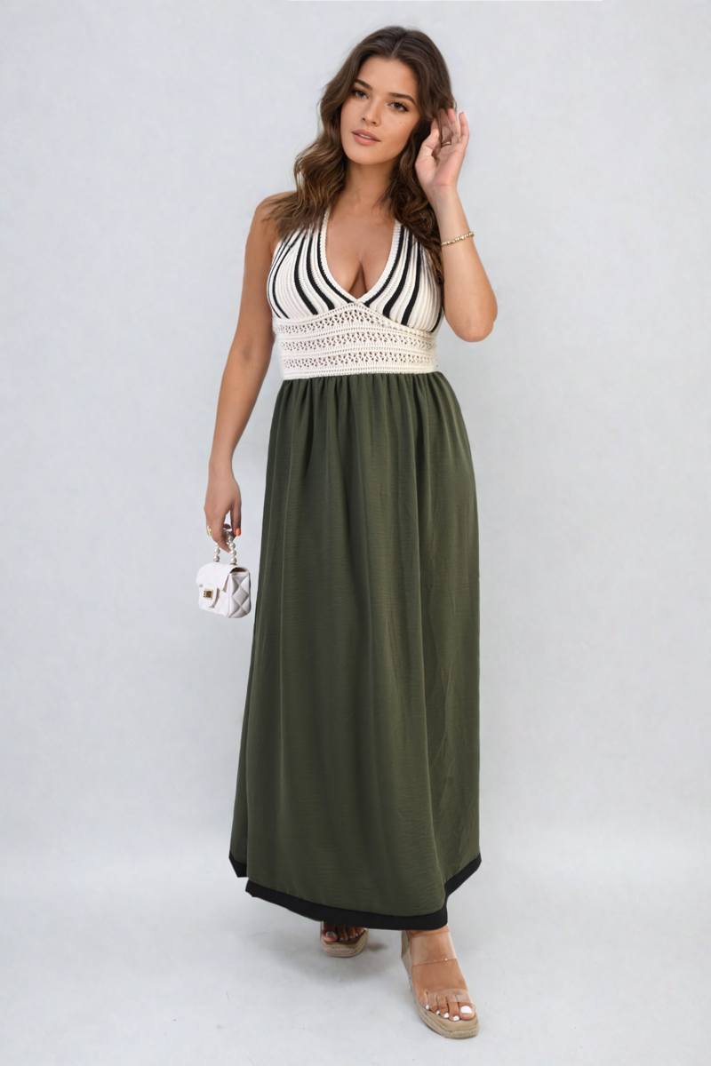Crochet V-Neck Halter Backless Maxi Dress - Khaki SM