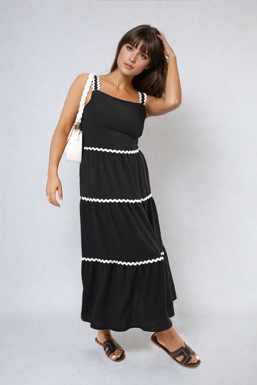 Contrast Ric Rac Detail Multi Tiered Maxi Dress - Black SM