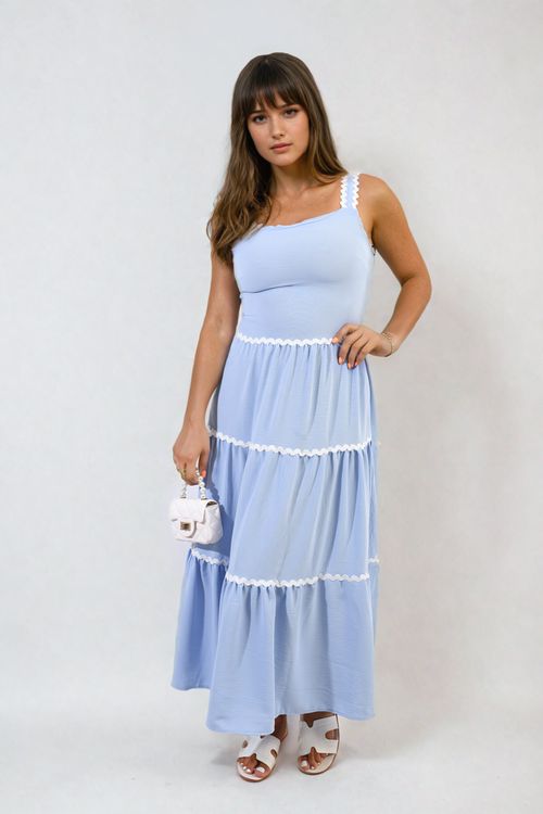 Contrast Ric Rac Detail Multi Tiered Maxi Dress - SKY BLUE ML