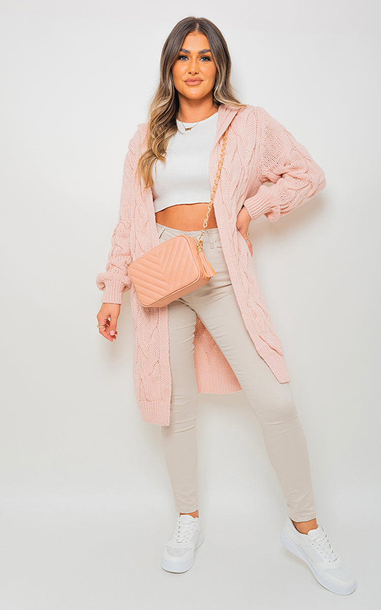 Chunky Cable Knitted Oversized Longline Hooded Cardigan - ROSE SM