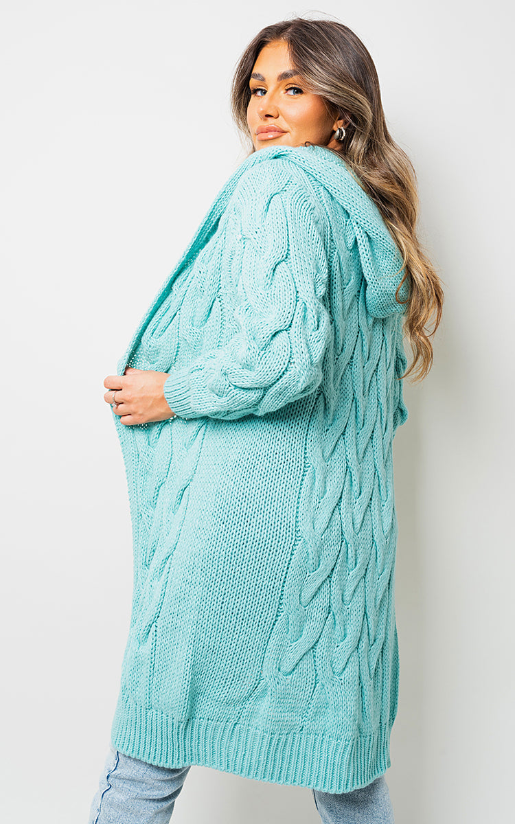 Chunky Cable Knitted Oversized Longline Hooded Cardigan - Aqua SM