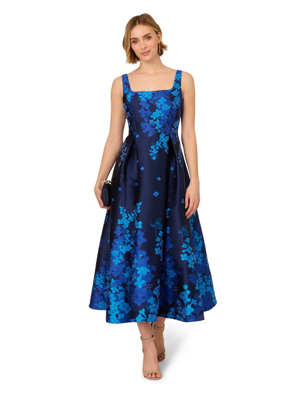 Adrianna Papell Border Jacquard Dress In Blue