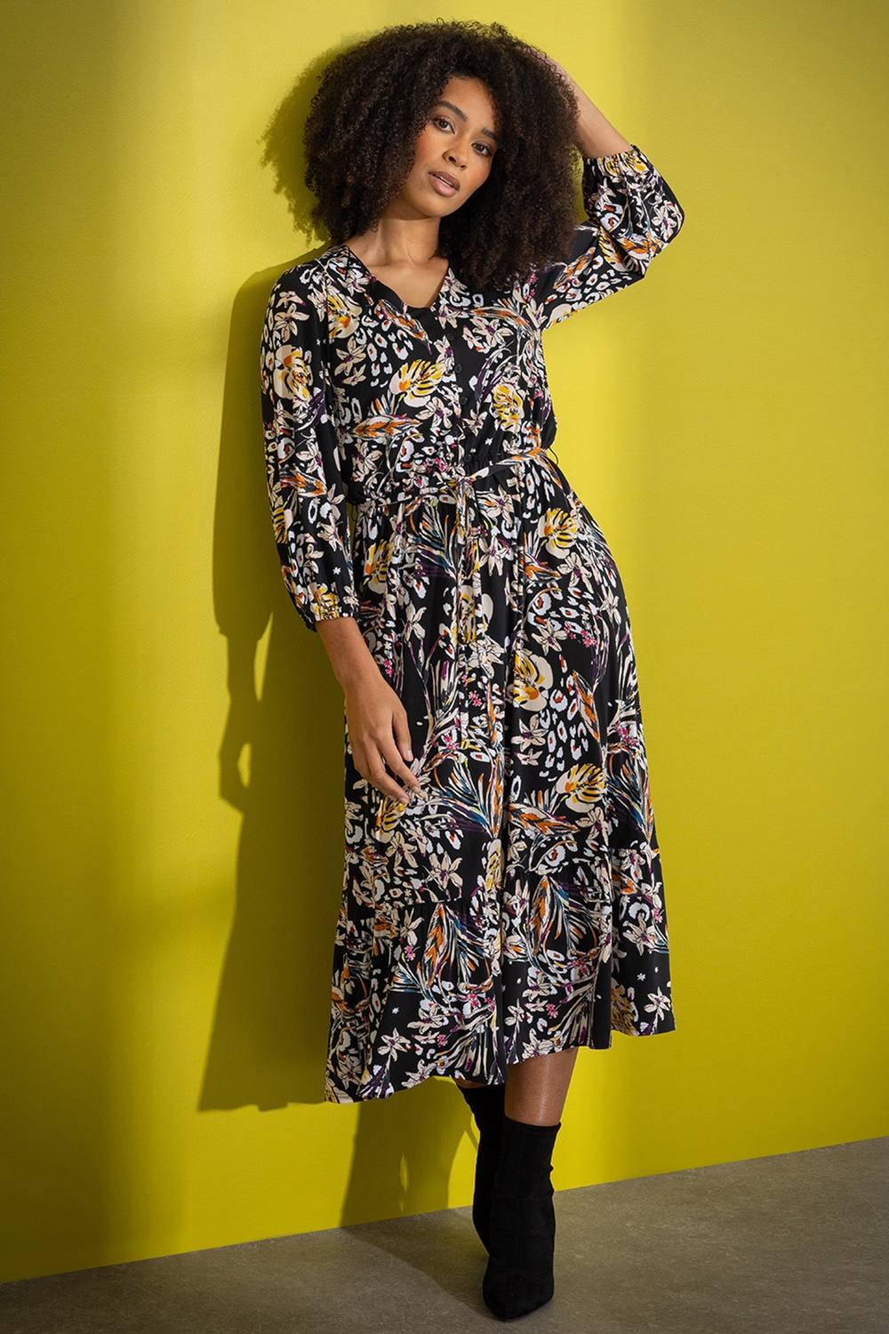 Klass. Printed Blouson Sleeve Midi Dress In Black