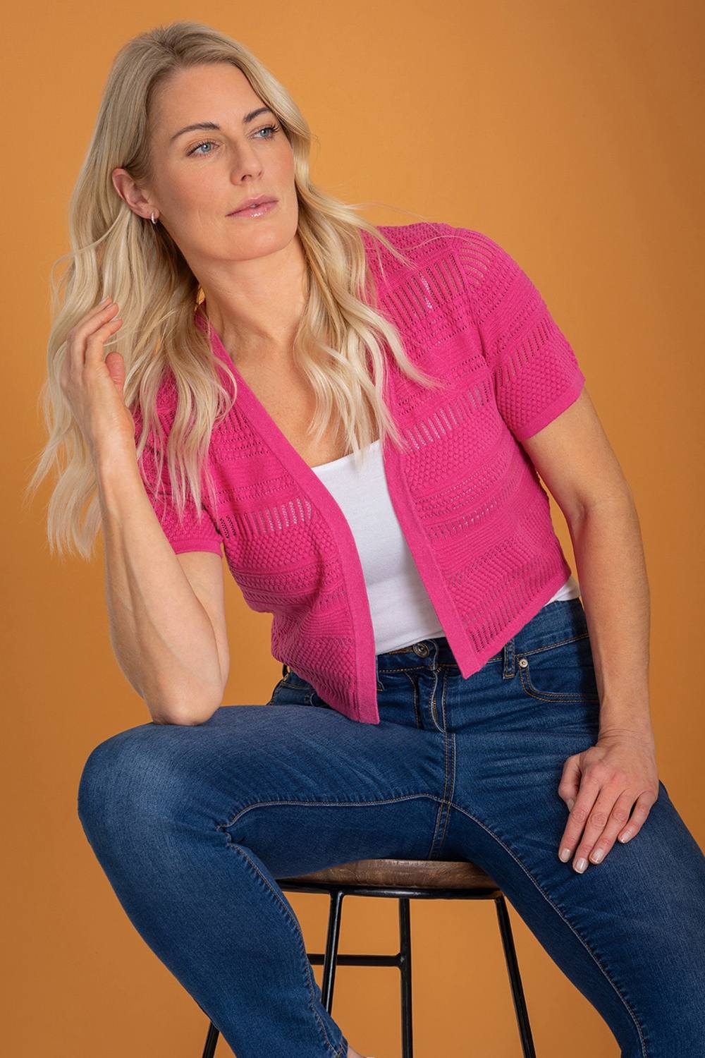 Klass. Cropped Pointelle Cardigan In Pink
