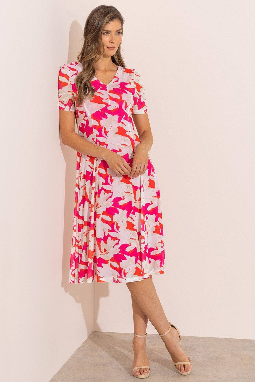 Klass. Floral Mesh V Neck Midi Dress In Pink