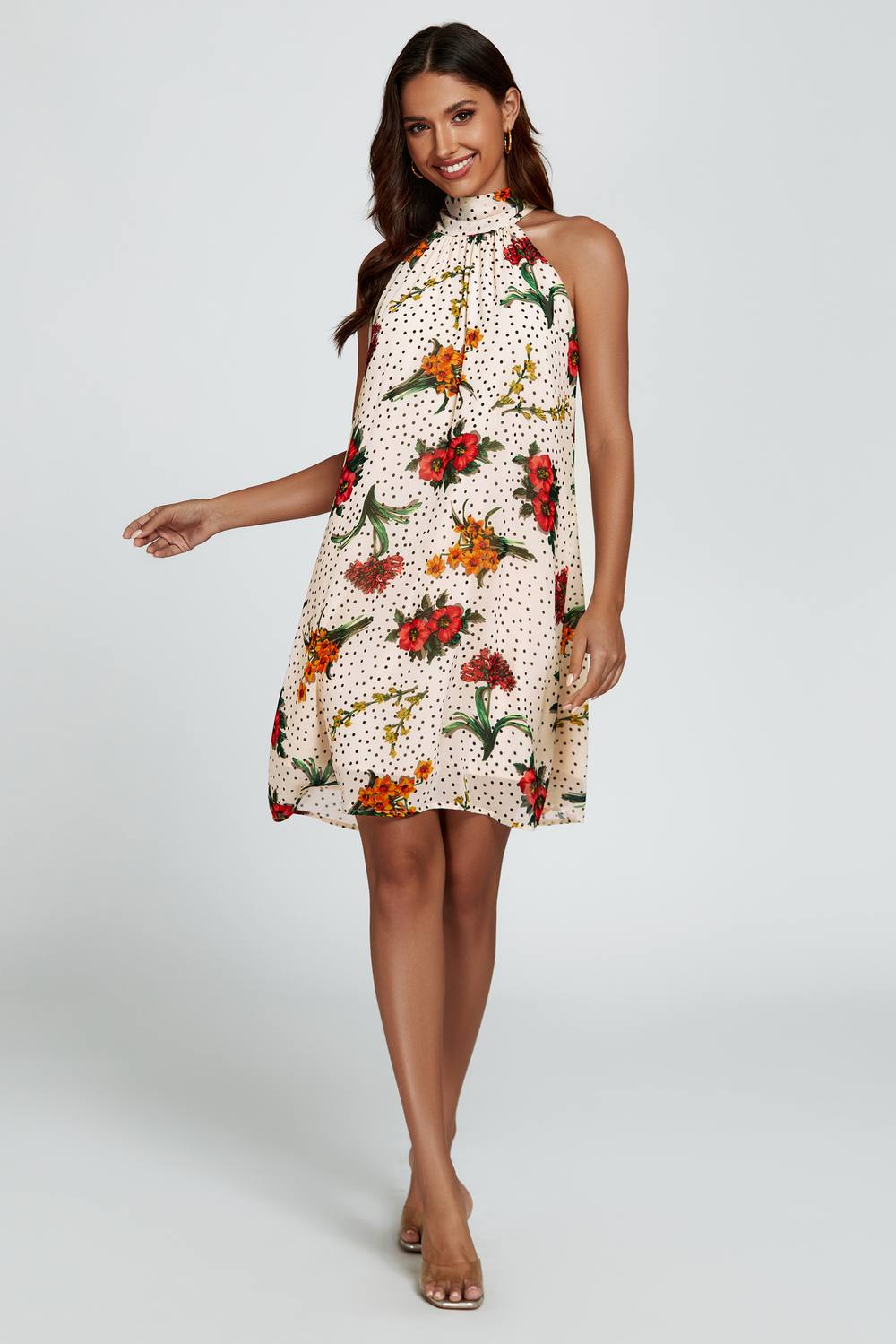 Fs Collection Floral Print Halter Neck Tie Back Mini Dress In Off White In Beige