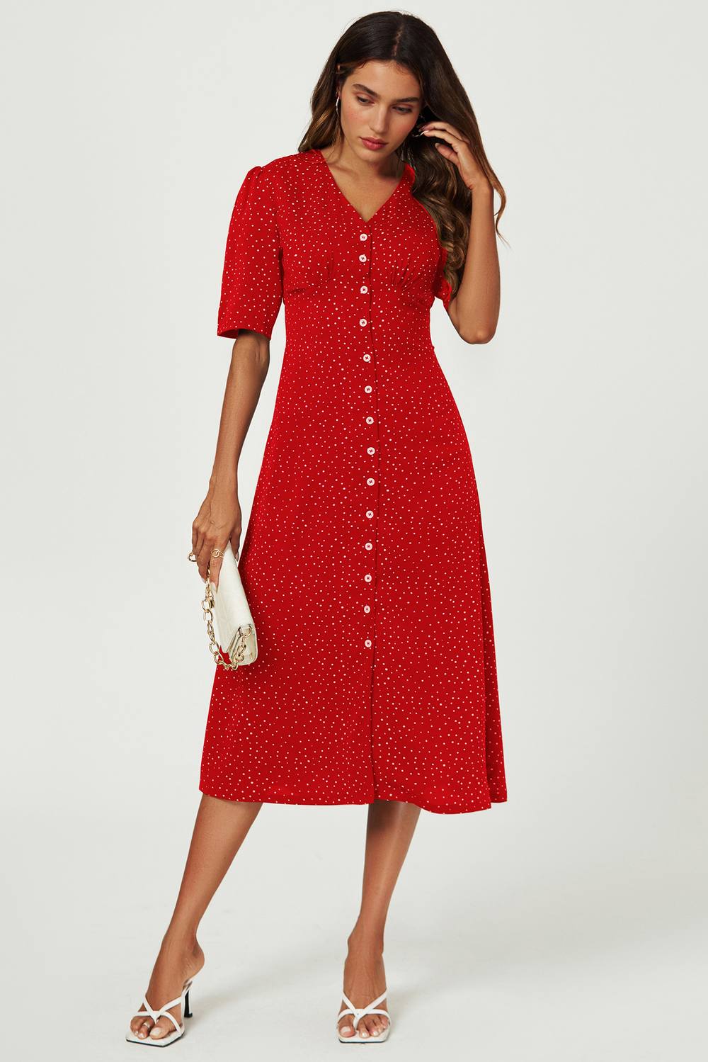 Fs Collection Black Little Floral Print Midi Dress With Front Button Closure In Red