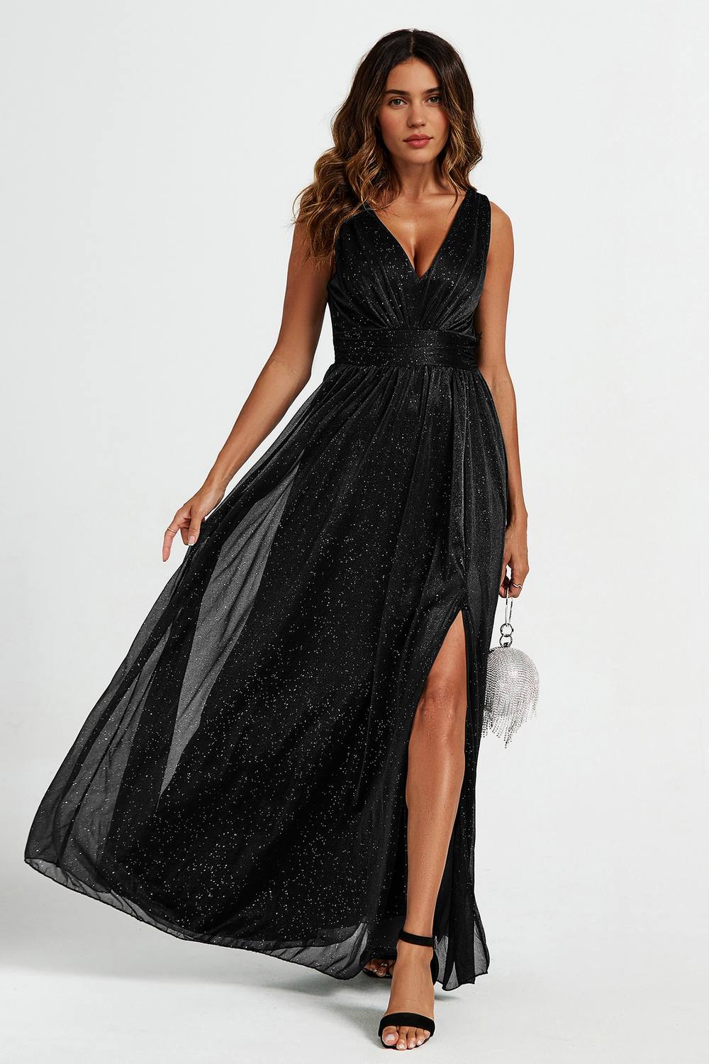Fs Collection Sparkly V Neck Bridesmaid Maxi Dress In Black