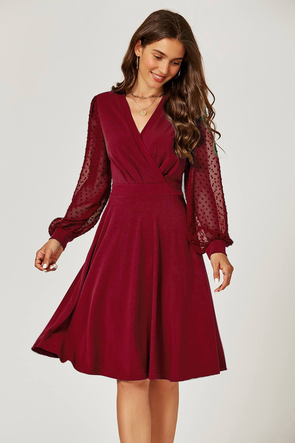 Fs Collection V Neck Midi Dress With Sheer Long Sleeve In Dark Red
