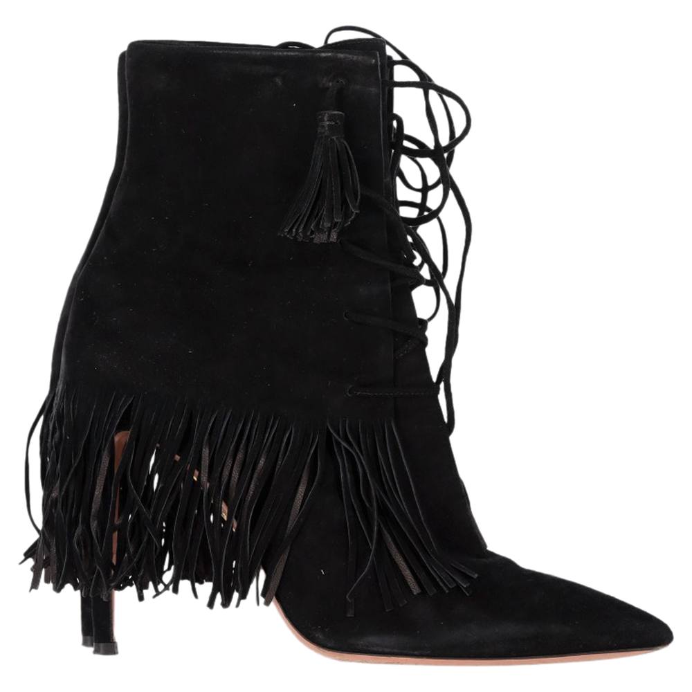 Aquazzura Women's Preloved Mustang Fringe Heeled Ankle Boots in Black Suede