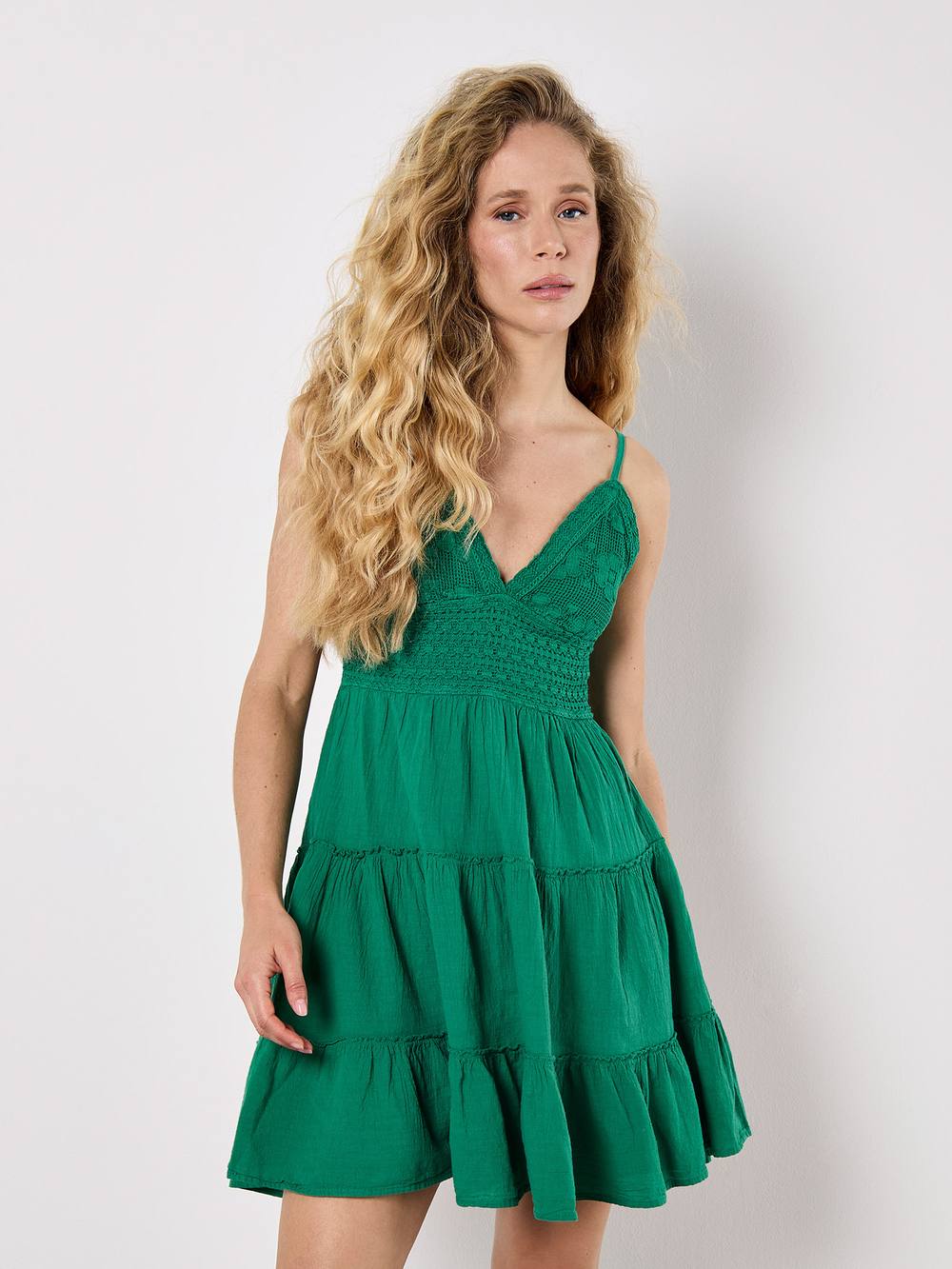 Apricot Cotton Crochet Cami Mini Dress In Green