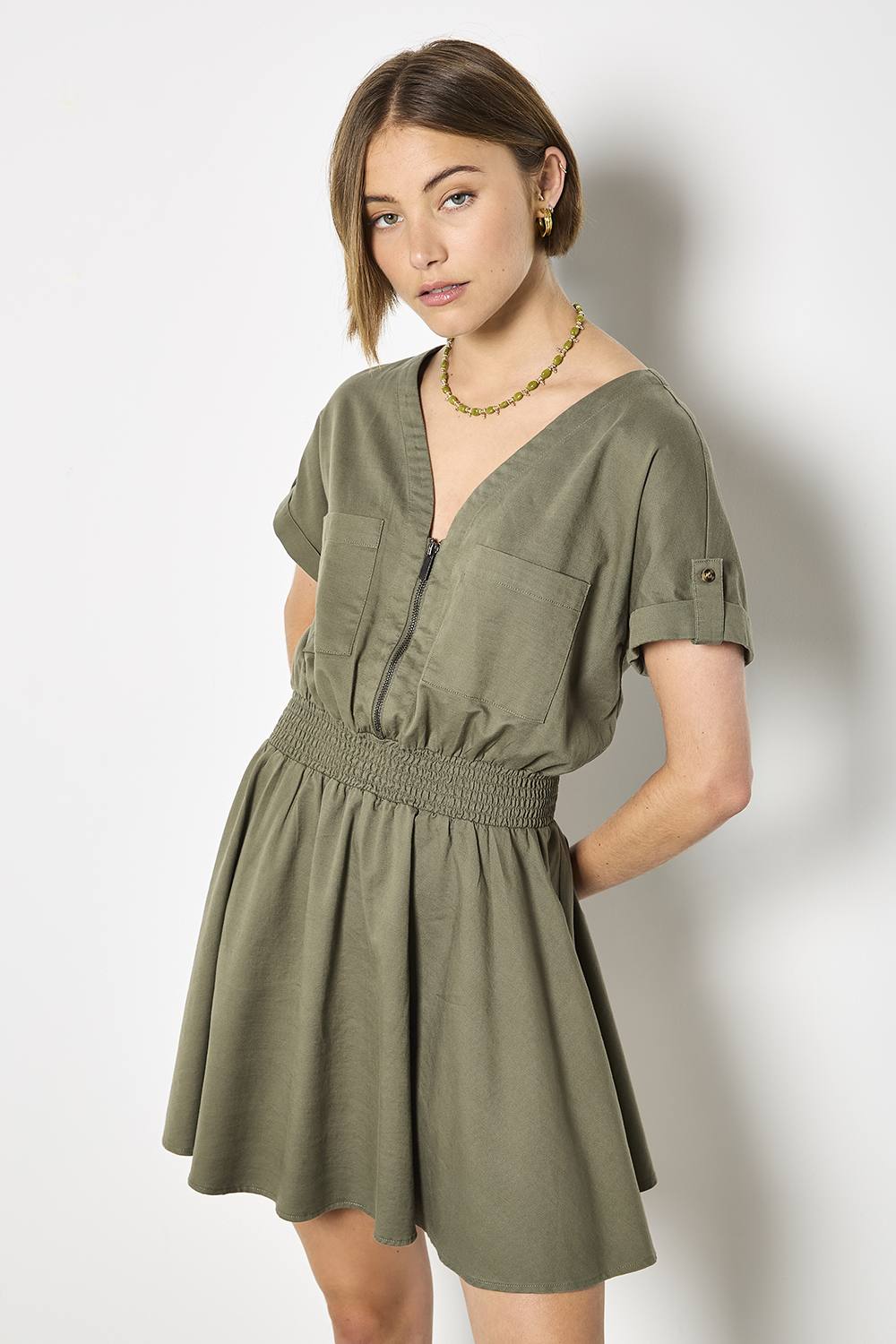 Apricot Zip Detail Skater Cotton Mini Dress In Khaki