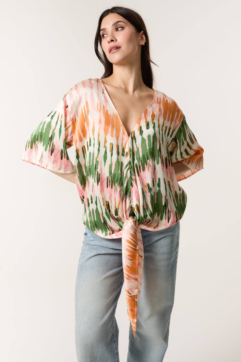 Blue Vanilla Multi Satin Tie Front Blouse