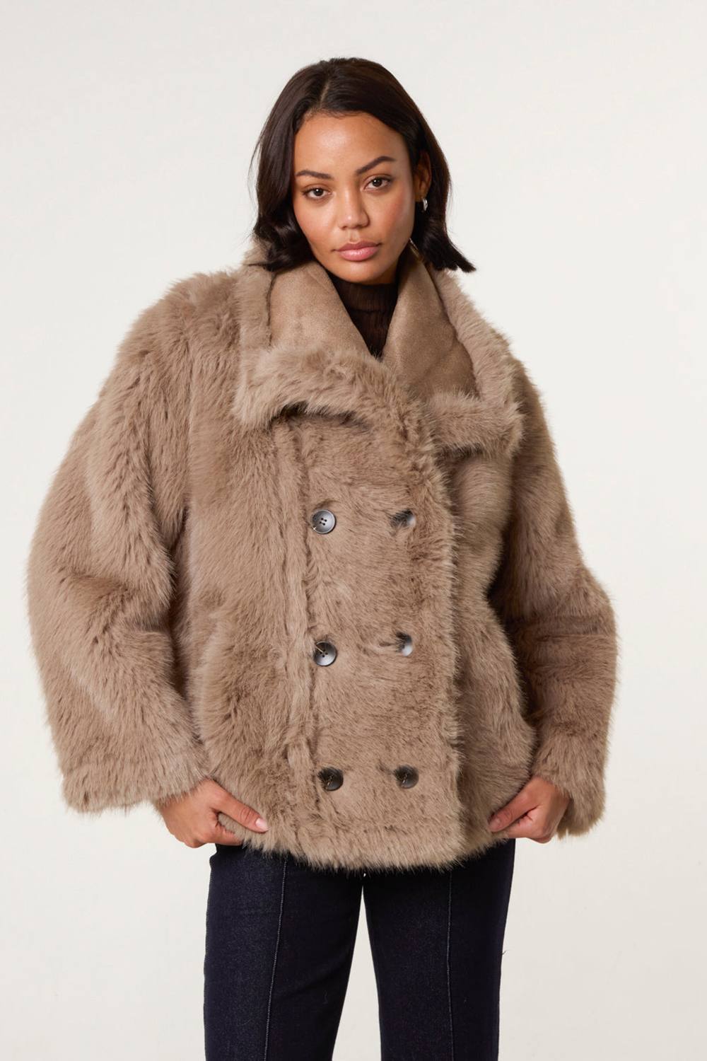Blue Vanilla Camel Reversible Short Faux Fur Coat