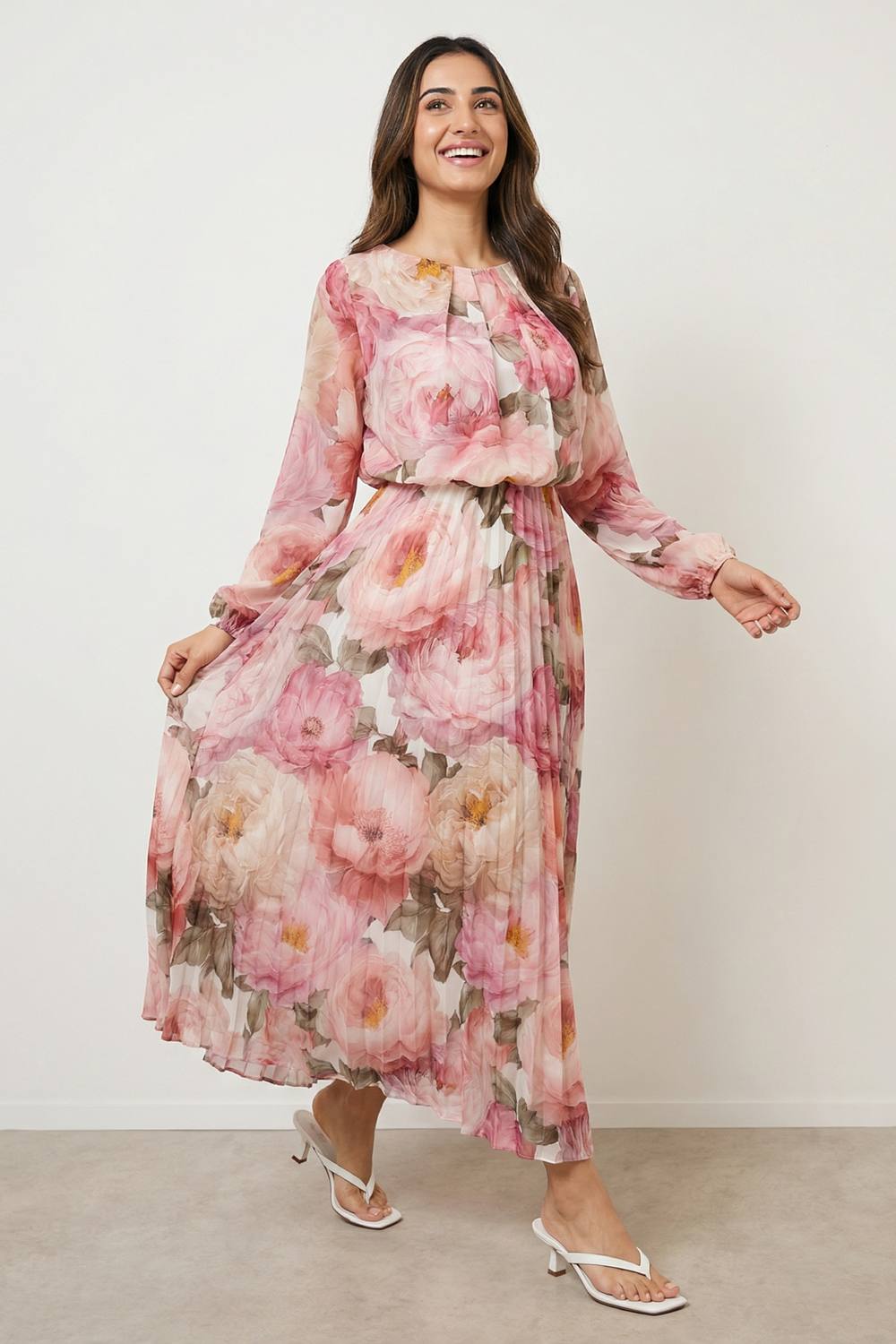 Blue Vanilla Pink Pleated Floral Dress