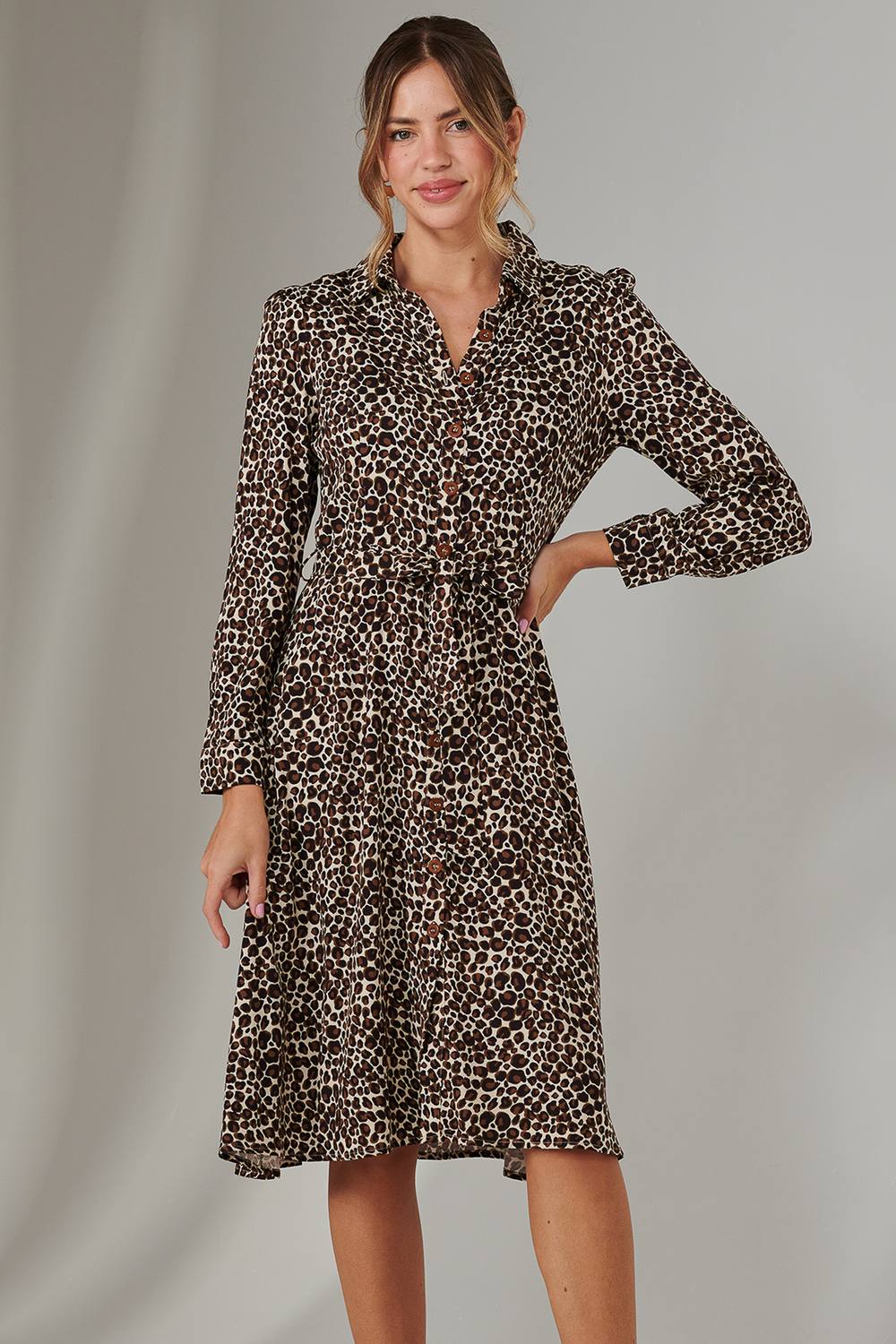 Jolie Moi Susan Long Sleeve Shirt Dress In Brown