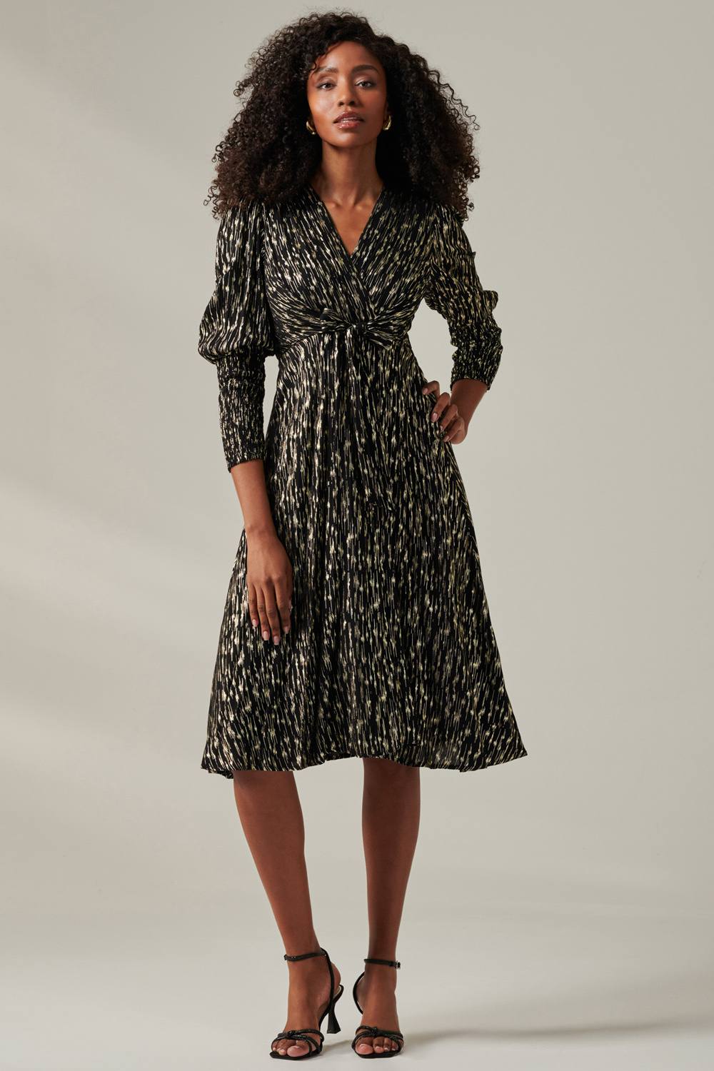 Jolie Moi Layla Long Sleeve Metallic Wrap Dress In Black