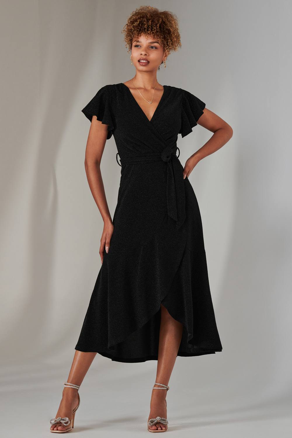 Jolie Moi Marlie Metallic Angel Sleeve Maxi Dress In Black